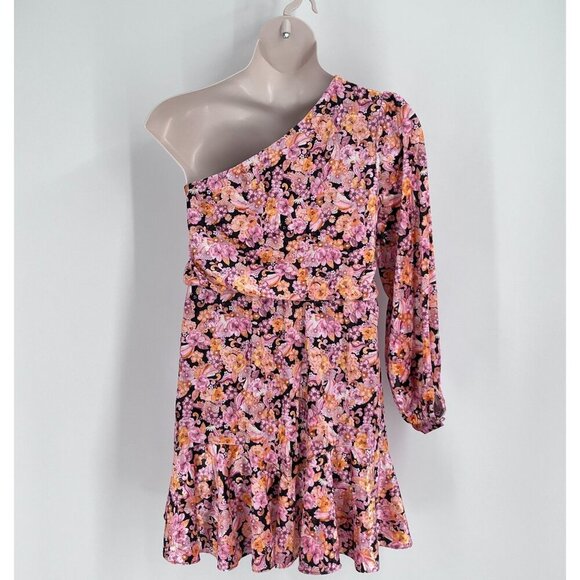 BCBG Mini Dress SIze 6 Crushed Velvet One Shoulder Dress in Black Floral Lined - Picture 2 of 10